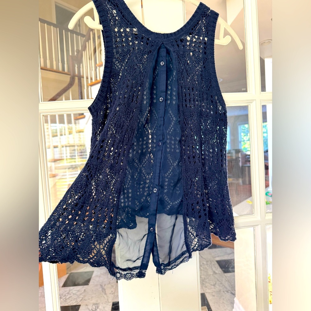 Rewind Open Knit Sleeveless Top M Sheer Button Back Boho DarkFairy Romantic
